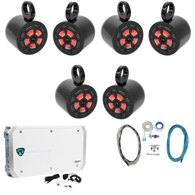 Rockville RKL65MBW Bundle: (3) Pairs 6.5-Inch LED Wakeboard Speakers 700W Peak/170W RMS per Pair, (3) Pairs MAC65B Aluminum Pods, RXM-S6 2600W 6-Channel Marine Amplifier, RMWK4 Amp Kit, 8-Items