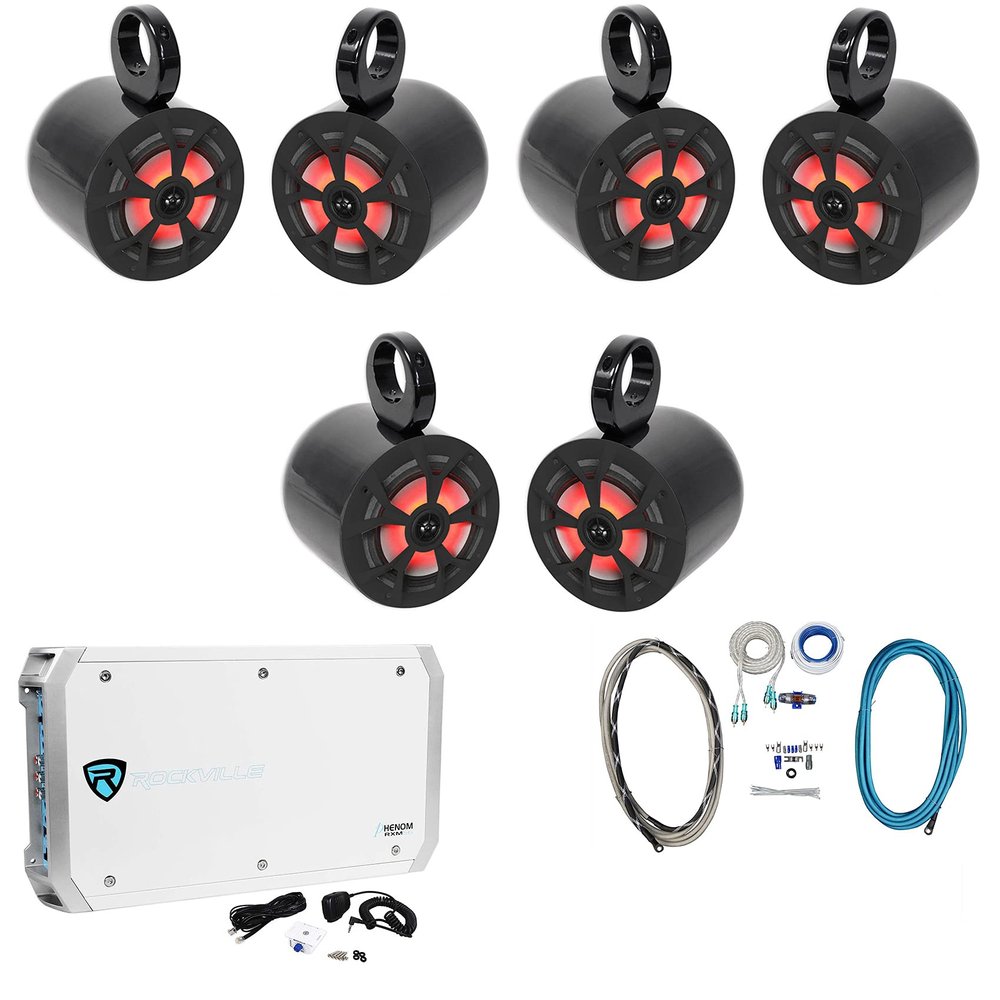 Rockville RKL65MBW Bundle: (3) Pairs 6.5-Inch LED Wakeboard Speakers 700W Peak/170W RMS per Pair, (3) Pairs MAC65B Aluminum Pods, RXM-S6 2600W 6-Channel Marine Amplifier, RMWK4 Amp Kit, 8-Items