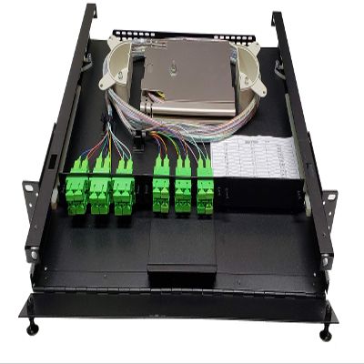 19" 1RU Rack Mount, Steel, 24 Fiber SC/APC (Green) Adapters, 3 Meter SM Pigtails, 2x12f Splice Tray