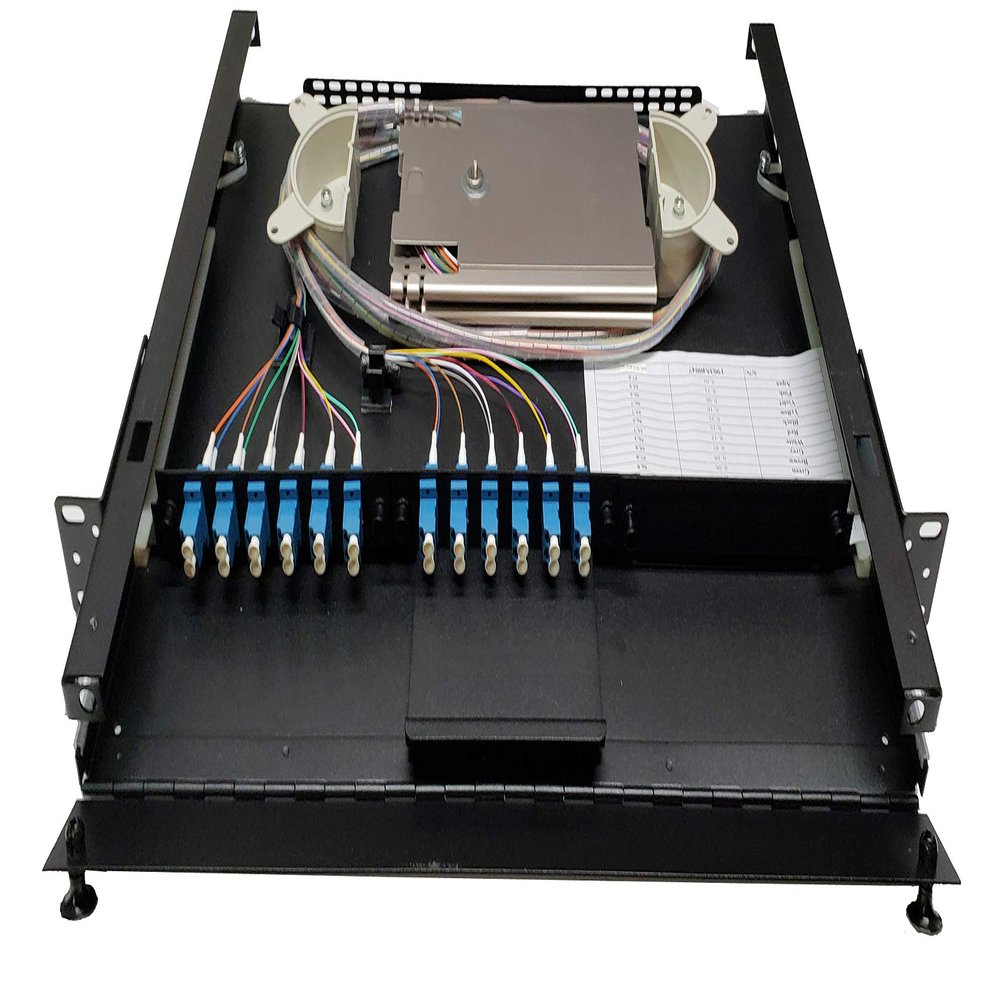 19" 1RU Rack Mount, Steel, 24 Fiber LC/UPC (Blue) Adapters, 3 Meter SM Pigtails, 2x12f Splice Tray