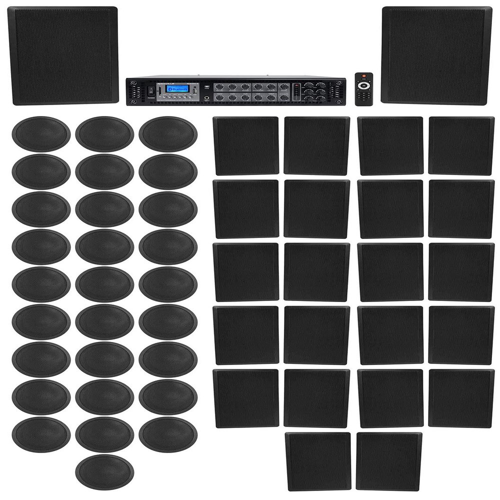 Rockville 6-Zone Amp+28 5" Black Ceiling+24 Wall Restaurant/Bar/Cafe Speakers
