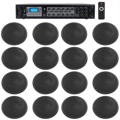 Rockville RCS180-6 Bundle: 184W 6-Zone 70V Commercial Amplifier, (16) CCL6T 6" Ceiling Speakers, Bluetooth, USB/SD Inputs, FM Radio, for Restaurants & Offices, 17-Items