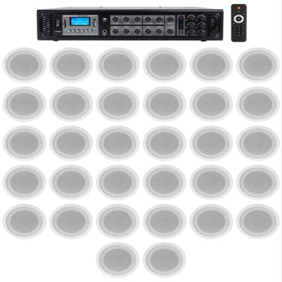 Rockville RCS180-6 Bundle: 180-Watt 6 Zone 70V Commercial Amplifier Bluetooth, (32) CCL5T White 70V 5-in Commercial Ceiling Speakers, 33-Items