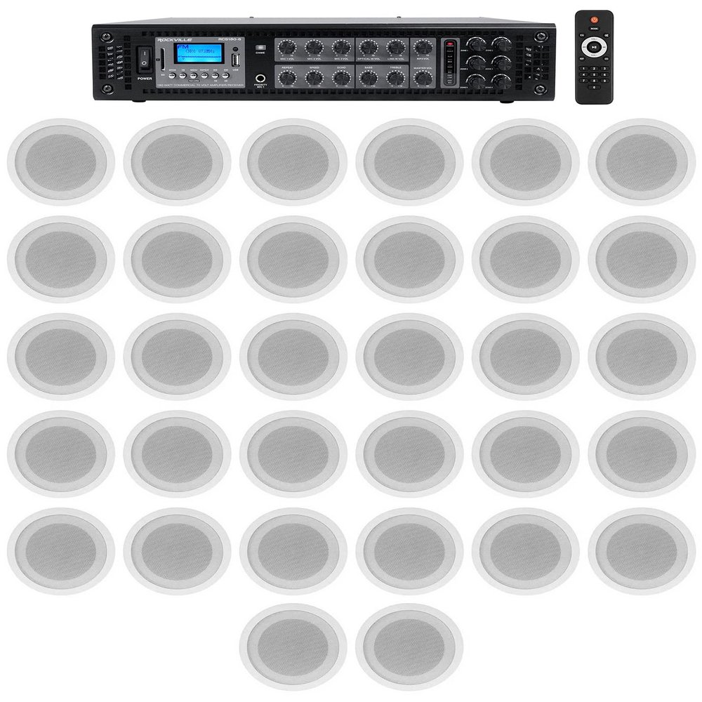 Rockville RCS180-6 Bundle: 180-Watt 6 Zone 70V Commercial Amplifier Bluetooth, (32) CCL5T White 70V 5-in Commercial Ceiling Speakers, 33-Items