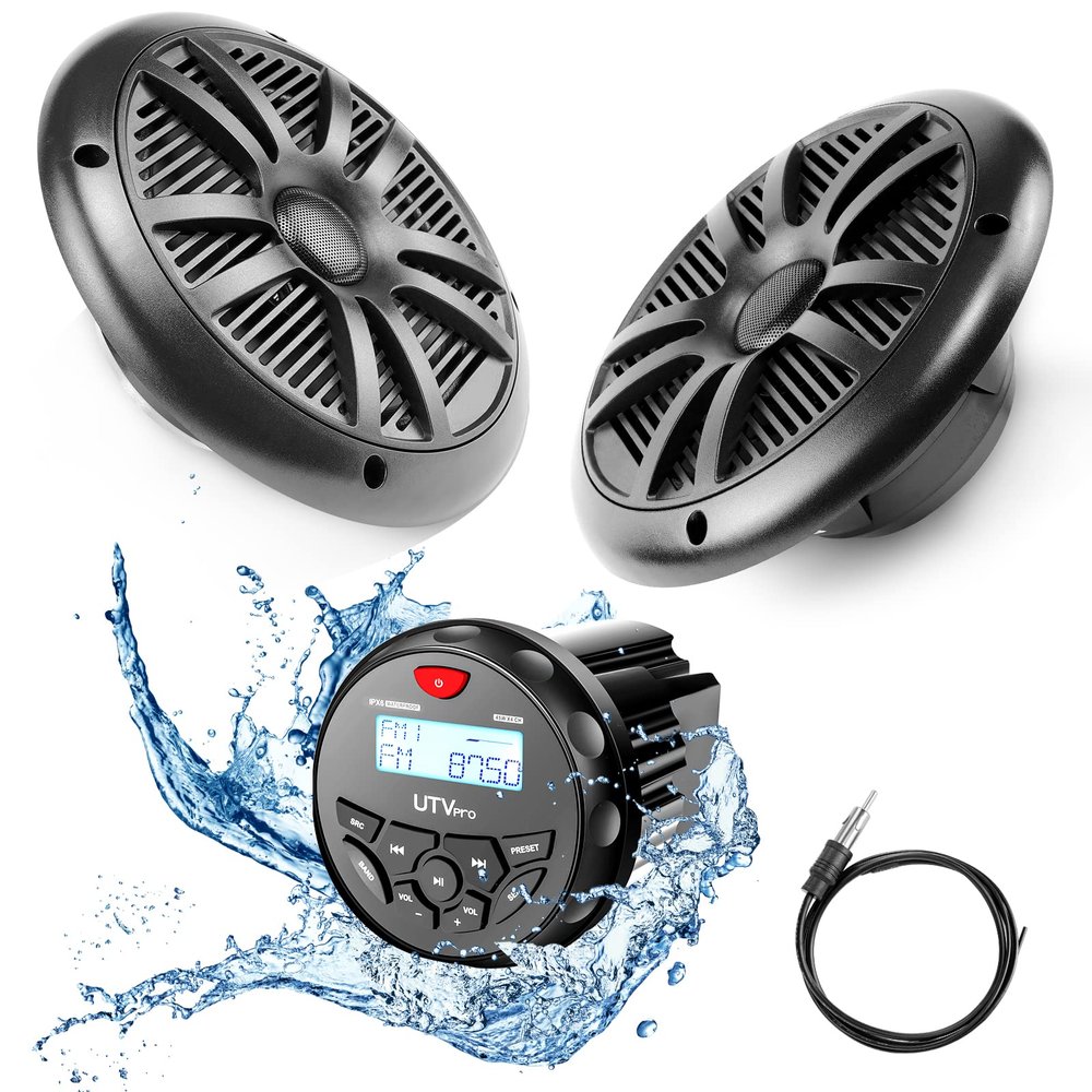UTVpro Marine Audio System Stereo Speaker Package, Bluetooth, MP3 USB AM FM Marine Stereo - 2 x 6.5 Inch Black Speakers, Antenna