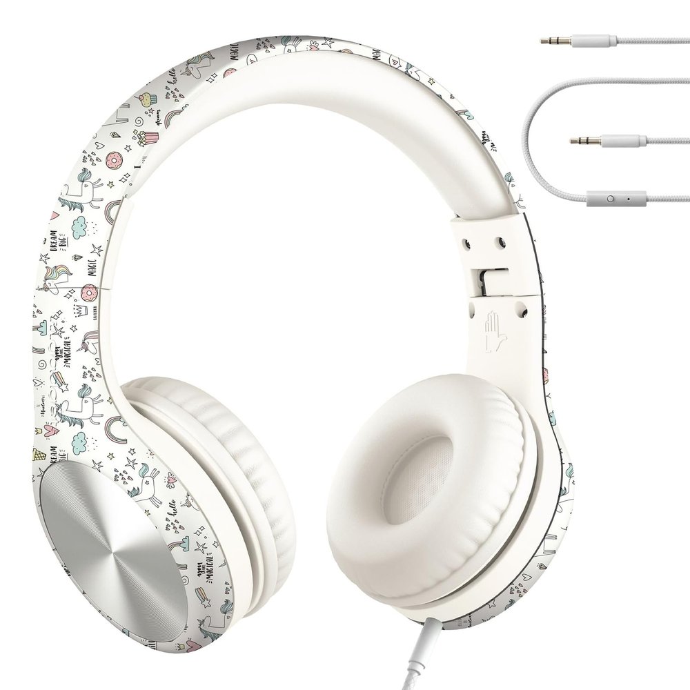 LilGadgets Connect+ Pro Wired Kids Headphones for School with Microphone, Volume Limiting Over-Ear Headset with Cord, SharePort Technology & SoftTouch Padding, Unicorn