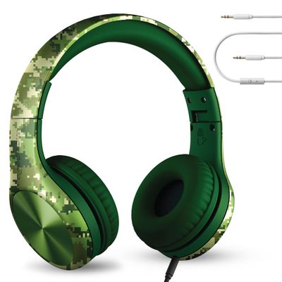 LilGadgets Connect+ Pro Wired Kids Headphones for School with Microphone, Volume Limiting Over-Ear Headset with Cord, SharePort Technology & SoftTouch Padding, Green Digital Camo