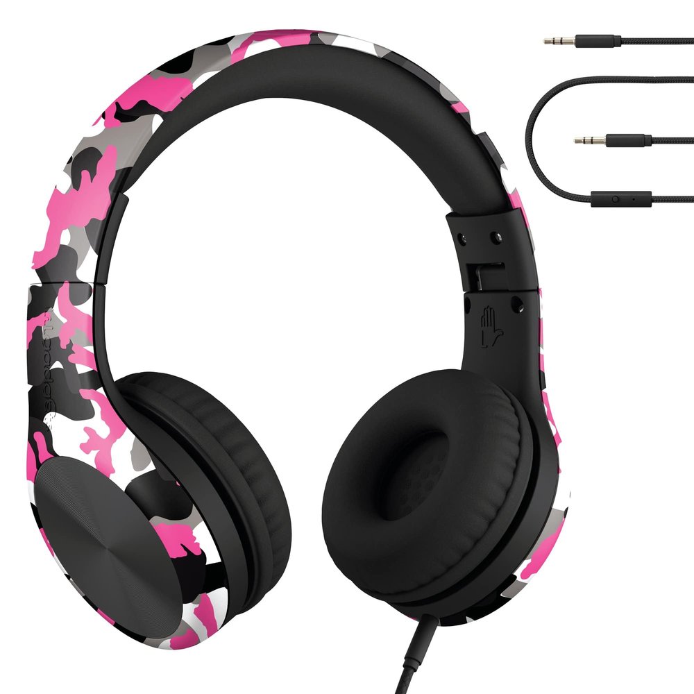 LilGadgets Connect+ Pro Wired Kids Headphones for School with Microphone, Volume Limiting Over-Ear Headset with Cord, SharePort Technology & SoftTouch Padding, Pink Camo
