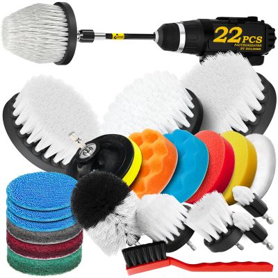 Holikme 22Pack Drill Brush Attachments Set, Scrub Pads & Sponge, Buffing Pads, Power Scrubber Brush, Car Polishing Pad Kit,Wax Applicator Pad,Car Cleaning Kit,Cleaning Supplies,Masonry Brushes,White