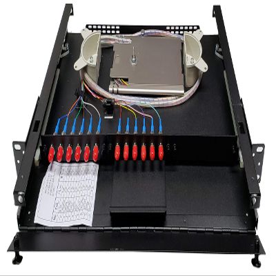 19" 1RU Rack Mount, Steel, 12 Fiber ST/UPC (Metal) Adapters, 3 Meter SM Pigtails, 1x12f Splice Tray