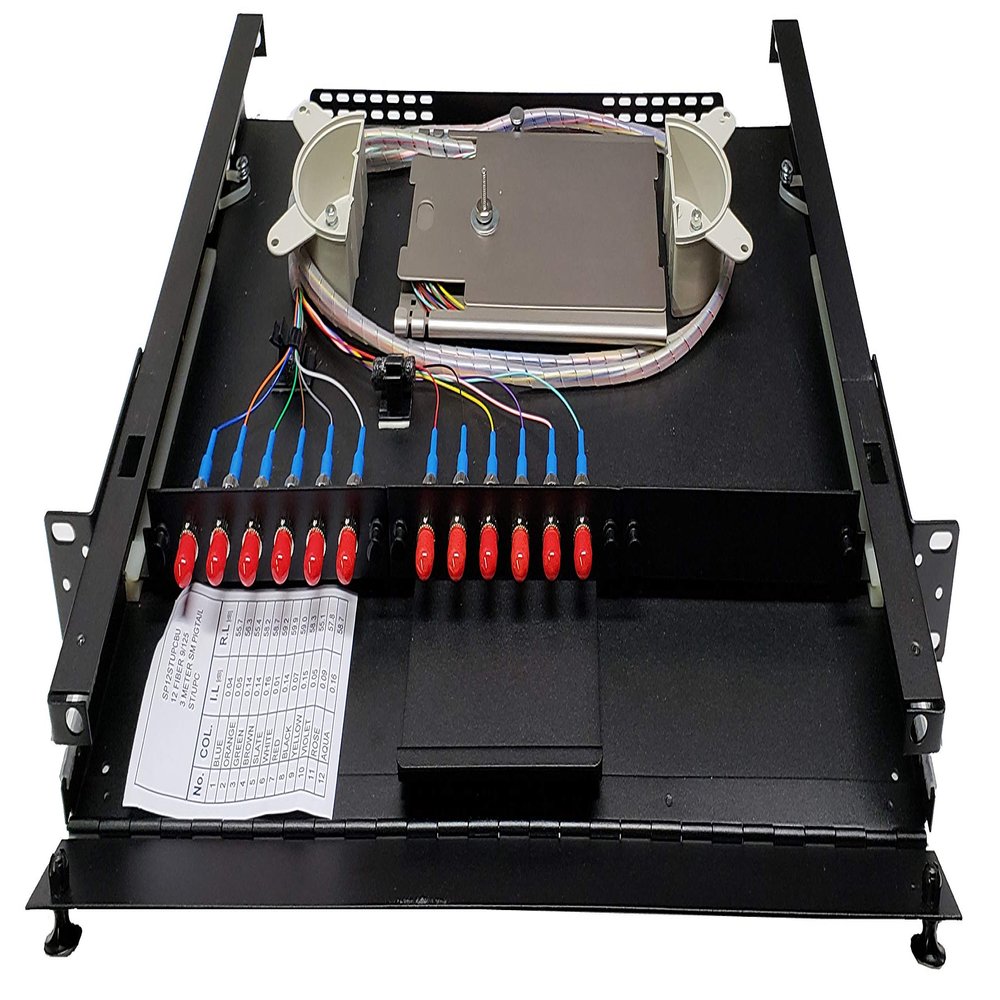 19" 1RU Rack Mount, Steel, 12 Fiber ST/UPC (Metal) Adapters, 3 Meter SM Pigtails, 1x12f Splice Tray