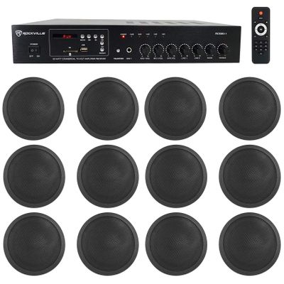 Rockville Commercial 70v Amp+12 Black 5" Ceiling Speakers 4 Restaurant/Bar/Cafe