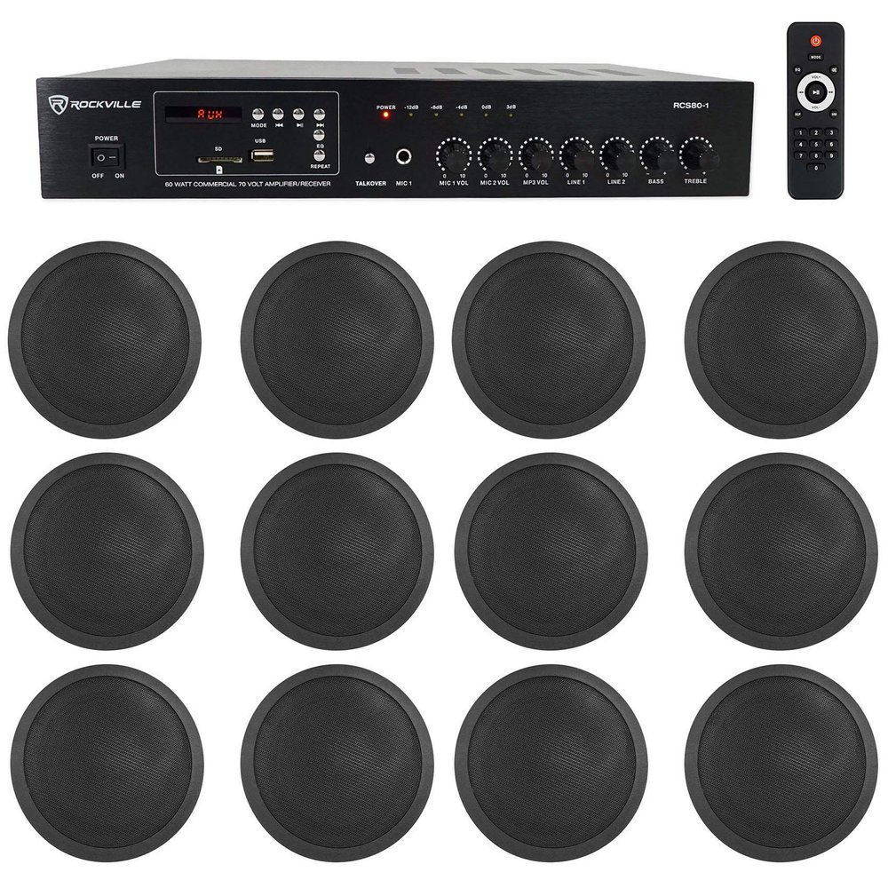 Rockville Commercial 70v Amp+12 Black 5" Ceiling Speakers 4 Restaurant/Bar/Cafe