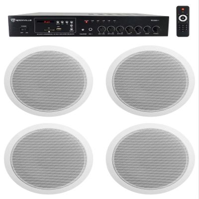 Rockville Commercial Bundle: (4) CCL6T White 70V 6" Ceiling Speakers, Wide Dispersion, RCS80-1 60-Watt 70V Bluetooth Amplifier, Perfect for Restaurant/Bar/Cafe, 5 Items