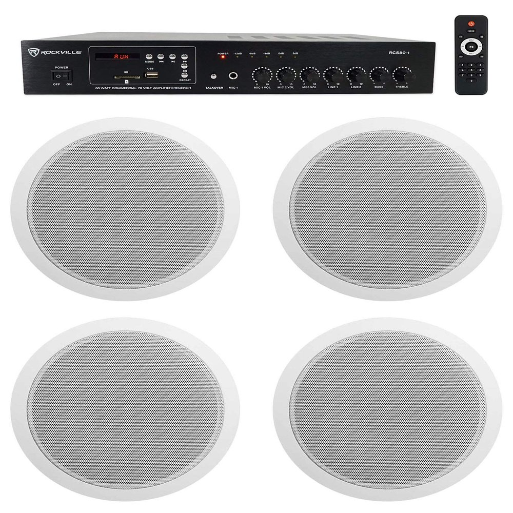 Rockville Commercial Bundle: (4) CCL6T White 70V 6" Ceiling Speakers, Wide Dispersion, RCS80-1 60-Watt 70V Bluetooth Amplifier, Perfect for Restaurant/Bar/Cafe, 5 Items