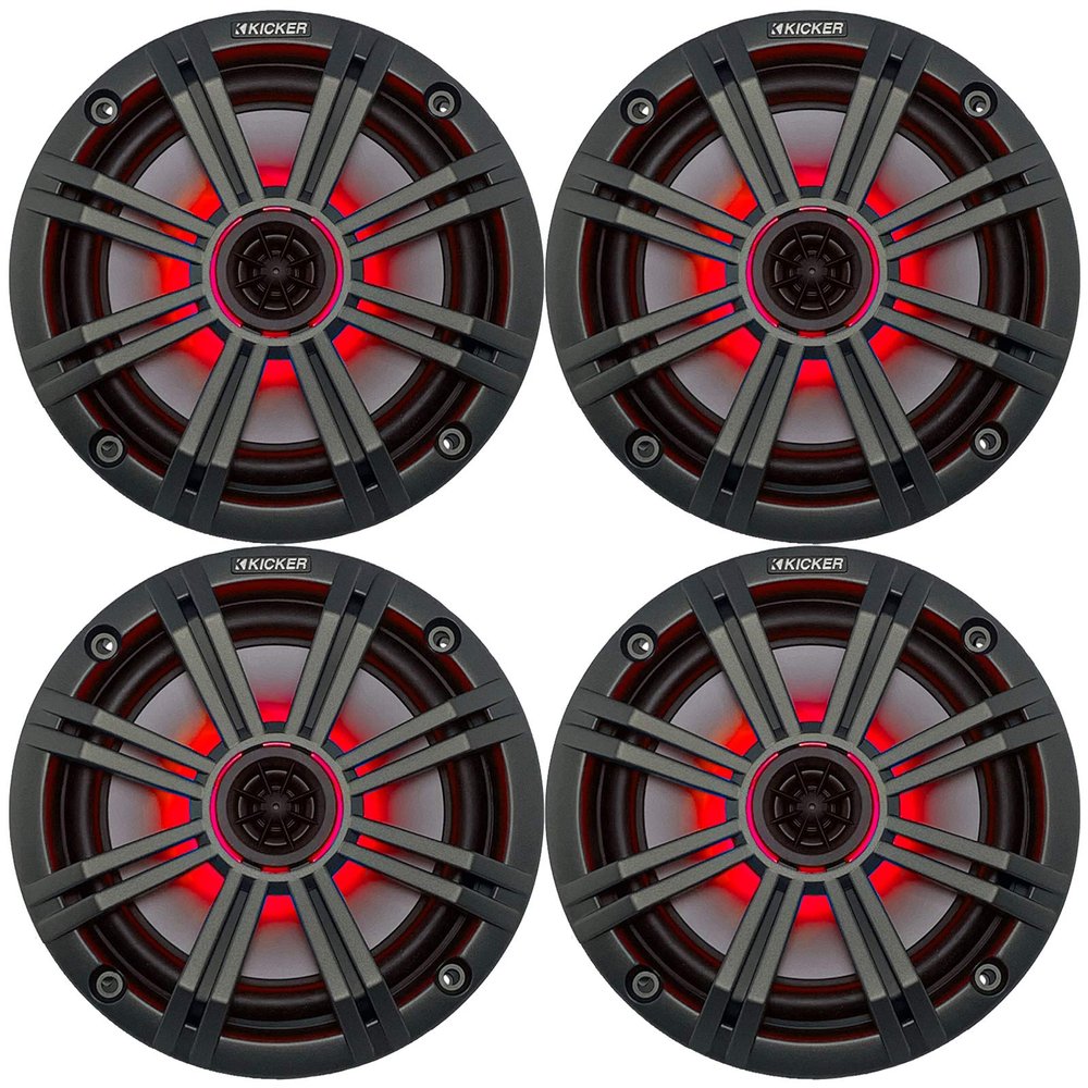 2 Pairs (4 Speakers Total) of Kicker 6.5" OEM Replacement 195W Marine Coaxial 2-Way Speakers (Charcoal Grilles) with Multicolor LED Lighting Capability