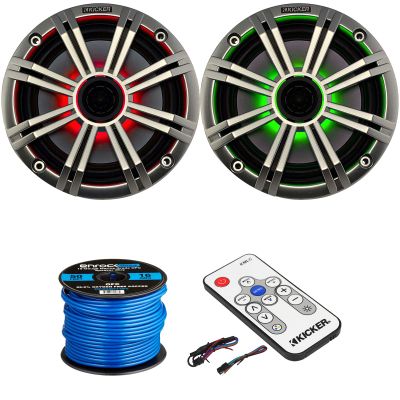 1 Pair (2 Speakers Total) of Kicker 6.5" OEM Replacement 195W Marine Coaxial 2-Way Multicolor LED Speakers (Silver Grilles), LED Lighting Remote Controller, 16-Gauge Speaker Wire