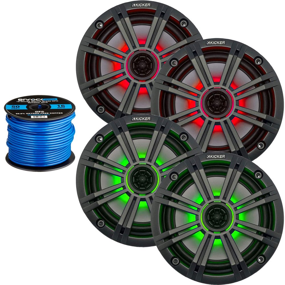 2 Pairs (4 Speakers Total) of Kicker 6.5" OEM Replacement 195W Marine Coaxial 2-Way Speakers (Charcoal Grilles) w/Multicolor LED Lighting Capability, Enrock 16-Gauge Speaker Wire