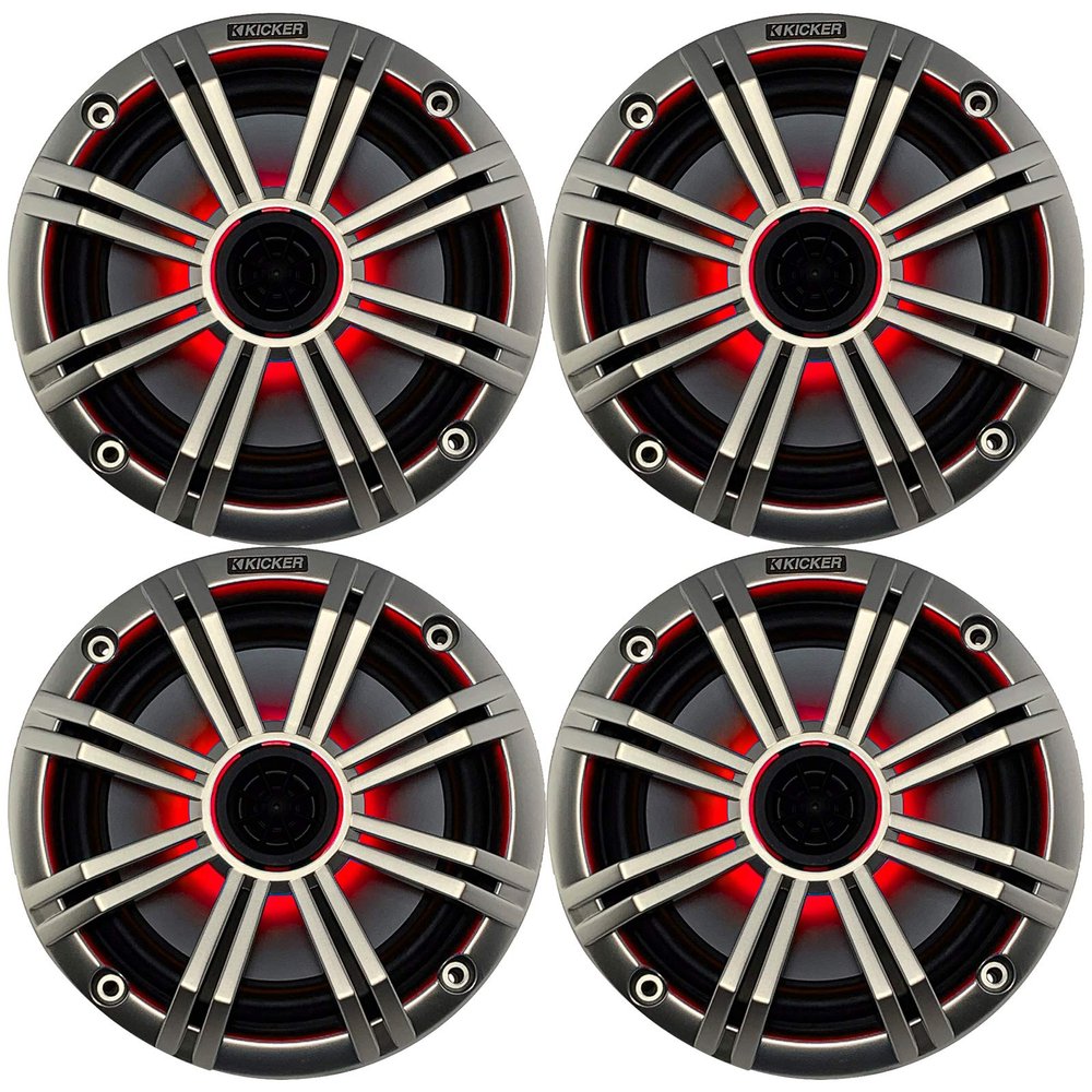 2 Pairs (4 Speakers Total) of Kicker 6.5" OEM Replacement 195W Marine Coaxial 2-Way Speakers (Silver Grilles) with Multicolor LED Lighting Capability