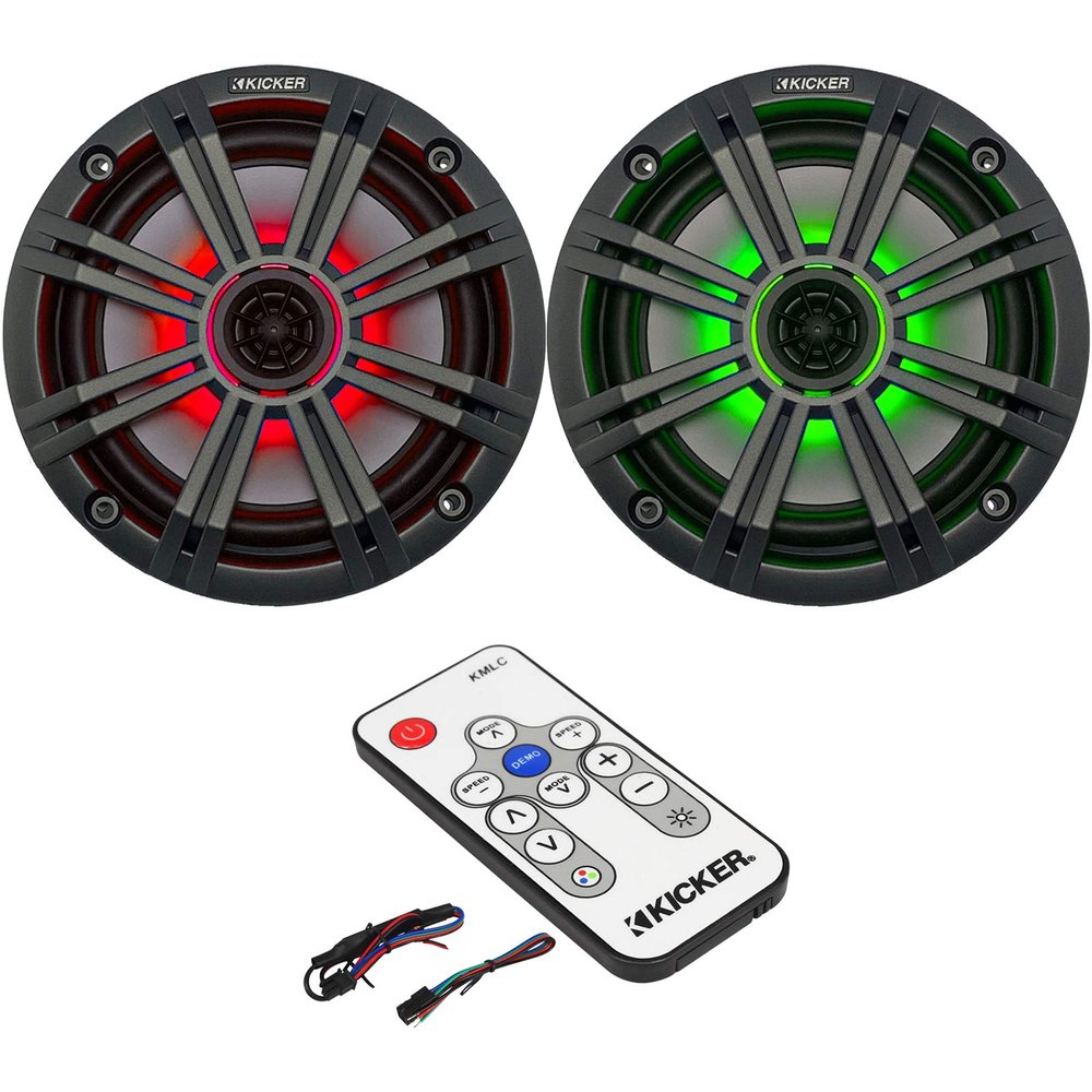 1 Pair (2 Speakers Total) of Kicker 6.5" OEM Replacement 195W Marine Coaxial 2-Way Speakers (Charcoal Grilles) w/Color Changing LED Capability, LED Lighting Remote Controller