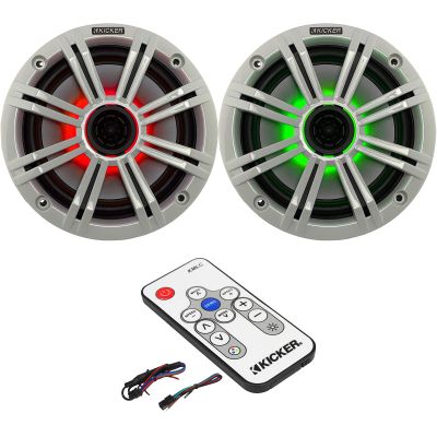 1 Pair (2 Speakers Total) of Kicker 6.5" OEM Replacement 195W Marine Coaxial 2-Way Speakers (White Grilles) w/Color Changing LED Capability, LED Lighting Remote Controller