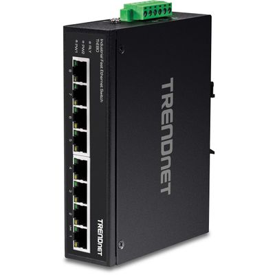 TRENDnet 8-Port Industrial Fast Ethernet DIN-Rail Switch, TI-E80, 8 x Fast Ethernet Ports, IP50 Rated, Extreme Temperature Operating Range, 1.6Gbps Switching Capacity, Lifetime Protection