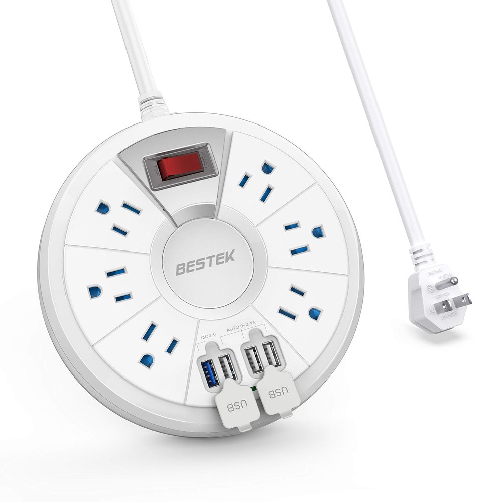 BESTEK Travel Power Strip, Surge Protector with 6-Outlet 4 USB Ports (1 QC 3.0 USB Port), 6 Ft Long Extension Cord, 220 Joules, Ultra-Compact for Dorm Room, Bedside