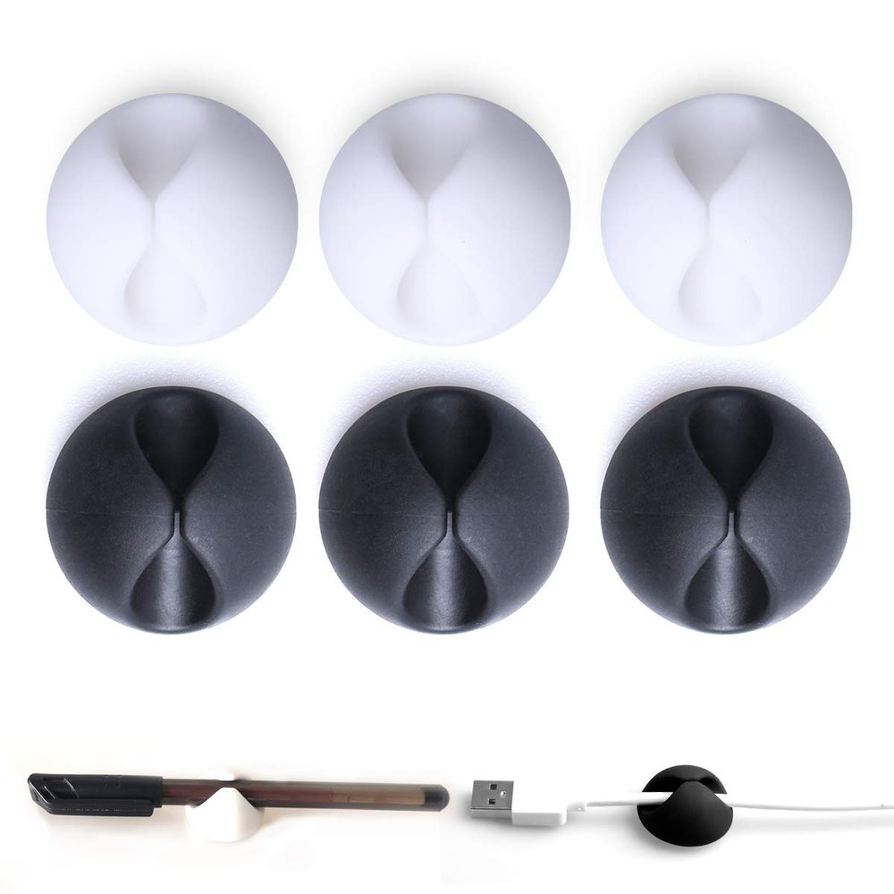 LOMILY Cable Clips Organizer - Desktop Cable Holder, Cord Clips for Computer, Office, Nightstand, Table, Cubicle (3 Black + 3 White)