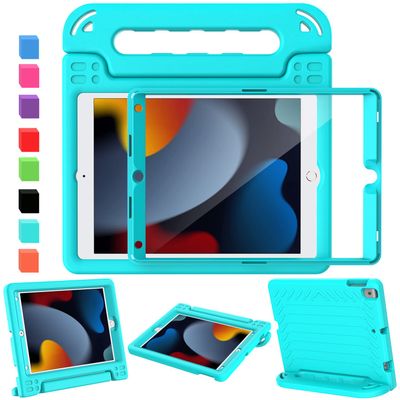 AVAWO Kids Case for iPad 10.2" 9th & 8th & 7th Generation, iPad 10.2 2021/2020/2019 Case with Built-in Screen Protector, Light Weight Shock Proof Handle Stand Kids Friendly Cover for iPad 10.2" - Cyan