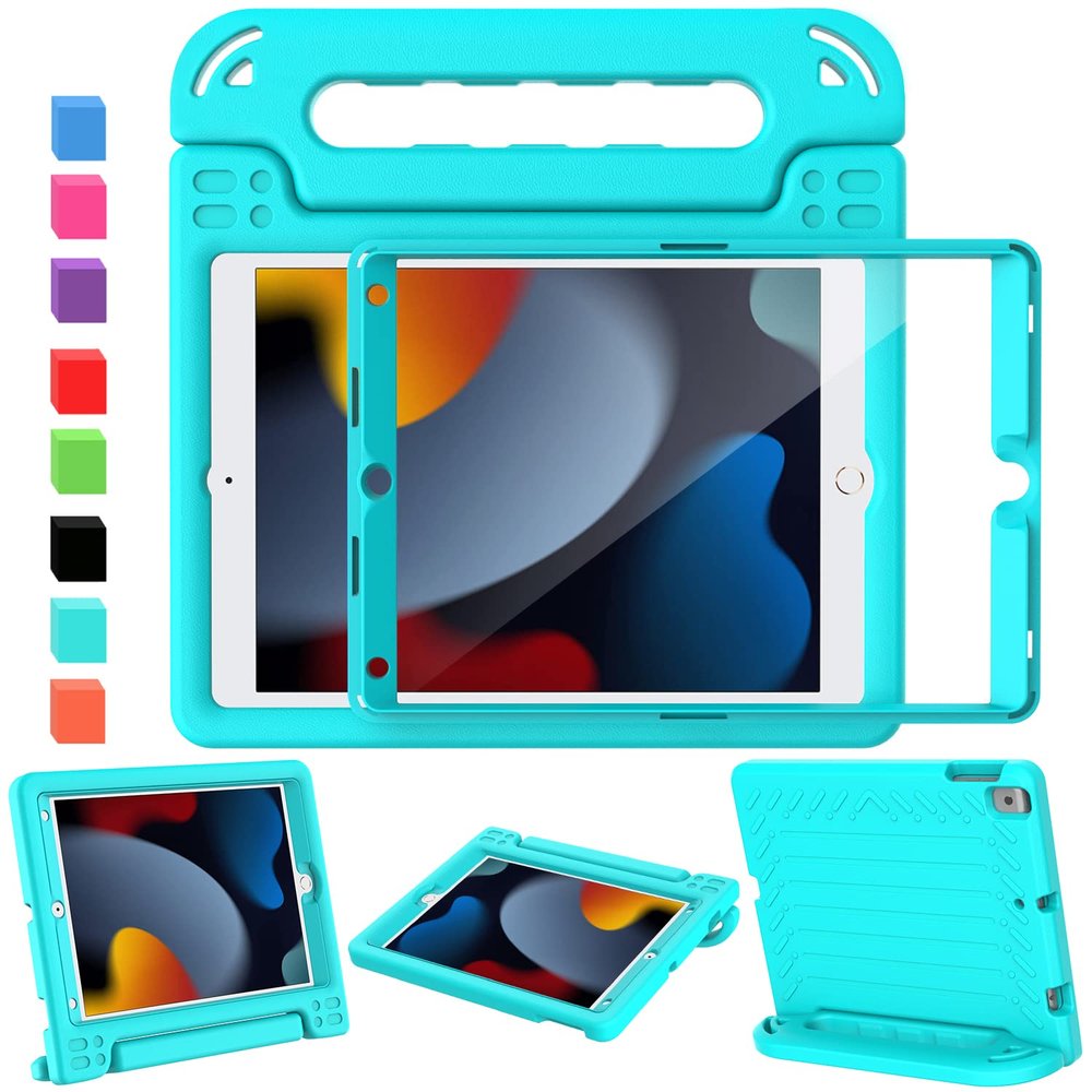 AVAWO Kids Case for iPad 10.2" 9th & 8th & 7th Generation, iPad 10.2 2021/2020/2019 Case with Built-in Screen Protector, Light Weight Shock Proof Handle Stand Kids Friendly Cover for iPad 10.2" - Cyan