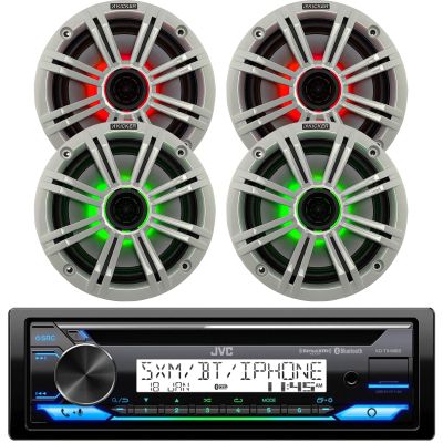 Single DIN Marine AM/FM Bluetooth USB AUX Stereo CD Player Receiver Bundle Combo with 4 x Kicker 6.5" OEM Replacement 150W Coaxial 2-Way Speakers (White Grilles) w/Multicolor LED Lighting