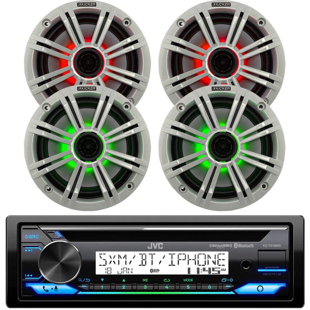 Single DIN Marine AM/FM Bluetooth USB AUX Stereo CD Player Receiver Bundle Combo with 4 x Kicker 6.5" OEM Replacement 150W Coaxial 2-Way Speakers (White Grilles) w/Multicolor LED Lighting
