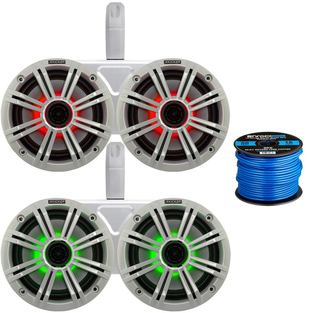 4X Kicker 6.5" OEM Replacement 195W Coaxial 2-Way Multicolor LED Speakers (White Grilles) with Weather-Proof White Twin Tower Enclosures, Enrock 50 Feet 16-Gauge Speaker Wire