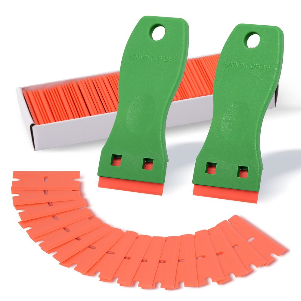FOSHIO 2PCS Green Plastic Razor Sticker Remover Paint Scrapers with Contoured Grip + 100 PCS 1.5 inch Refillable Double Edge Plastic Razor Blades for Cleaning Adhesive Vinyl Decals Stickers Labels