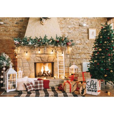 Haboke 7x5ft Christmas Fireplace Theme Backdrop for Photography Christmas Tree Decorations for Xmas Party Supplies Background Pictures Banner Photo Studio Decor Booth Props