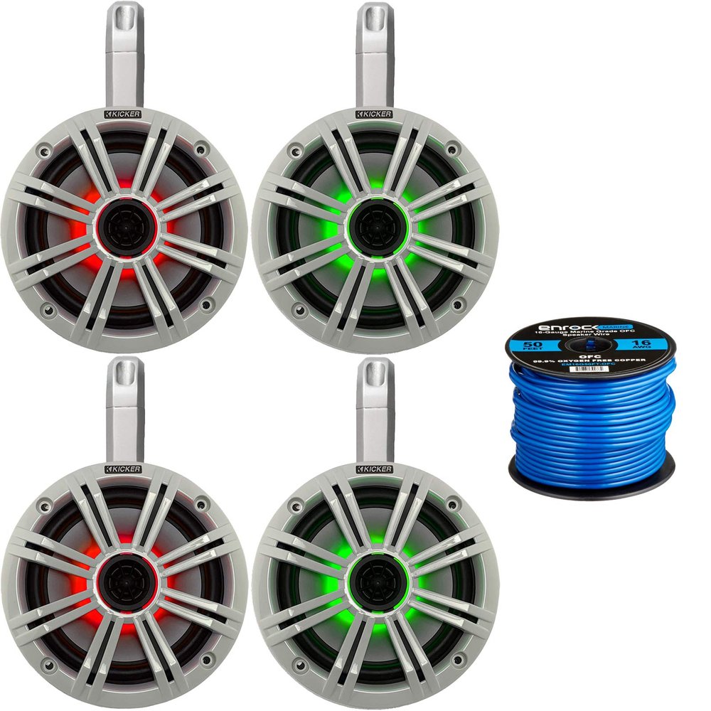 2 Pairs (4 Speakers) of Kicker 6.5" OEM Replacement 195W Coaxial 2-Way Multicolor LED Speakers (White Grilles) with Weather-Proof White Tower Enclosures, 16-Gauge Speaker Wire