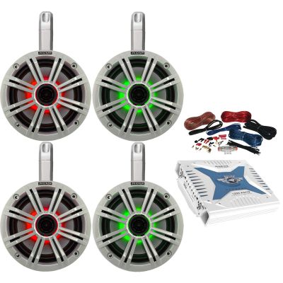 4X Kicker 6.5" OEM Replacement 150W Coaxial 2-Way Multicolor LED Speakers (White Grille) with Weather-Proof Tower Enclosures, Pyle Bluetooth 4-Channel 1000W Amplifier w/Wiring Kit