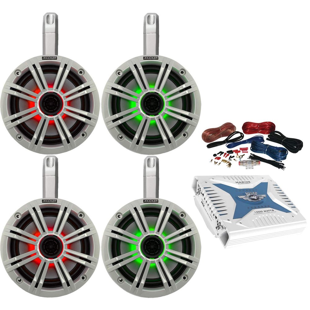 4X Kicker 6.5" OEM Replacement 150W Coaxial 2-Way Multicolor LED Speakers (White Grille) with Weather-Proof Tower Enclosures, Pyle Bluetooth 4-Channel 1000W Amplifier w/Wiring Kit