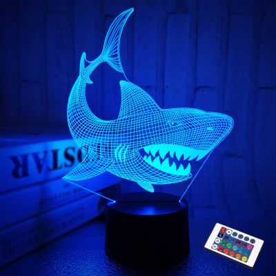 FULLOSUN Shark 3D Illusion Night Light Animal Touch Table Desk Lamp, with Remote Control 16 Colors Optical USB LED Nightlight for Kids Holiday Gift Room Decoration