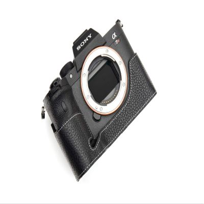 A7R IV Camera Case, BolinUS Handmade Genuine Real Leather Half Camera Case Bag Cover for Sony Alpha A7R IV Camera Bottom Opening Version + Hand Strap (Black)