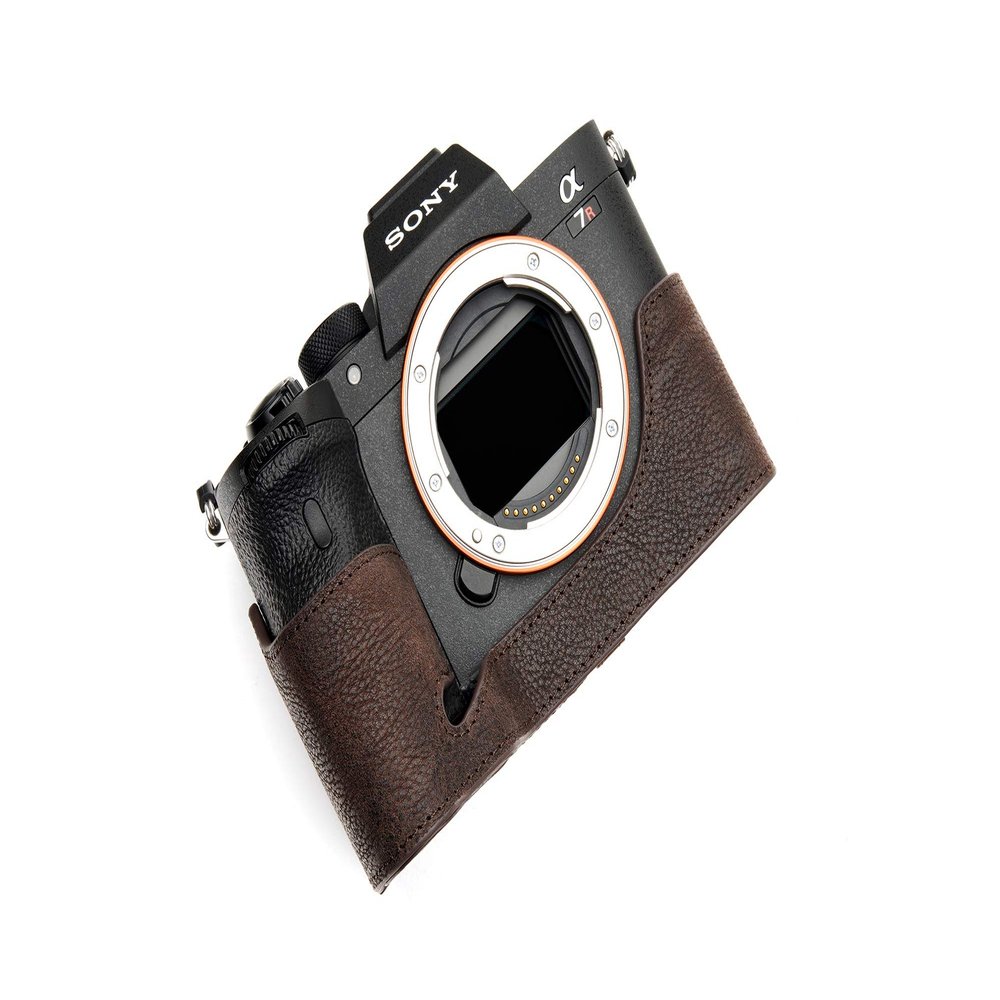 A7R IV Camera Case, BolinUS Handmade Genuine Real Leather Half Camera Case Bag Cover for Sony Alpha A7R IV Camera Bottom Opening Version + Hand Strap (Coffee)