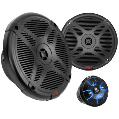 Pyle 6.5'' Dual Marine Speakers Kit - Waterproof-Rated w/Amplified Bluetooth Remote Control Receiver for Powersport Vehicles, IP65 Marine Grade Rating, 600 Watt Max Power PLMRKT8, Black