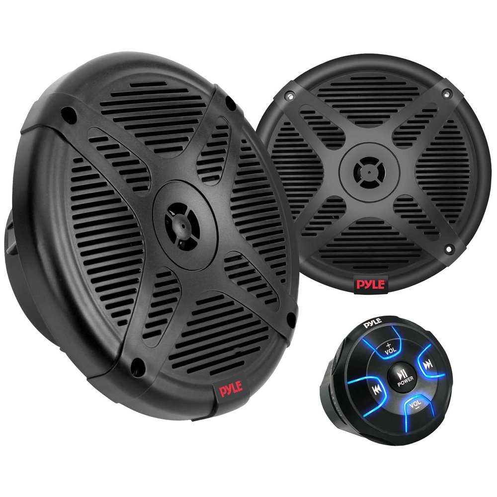 Pyle 6.5'' Dual Marine Speakers Kit - Waterproof-Rated w/Amplified Bluetooth Remote Control Receiver for Powersport Vehicles, IP65 Marine Grade Rating, 600 Watt Max Power PLMRKT8, Black