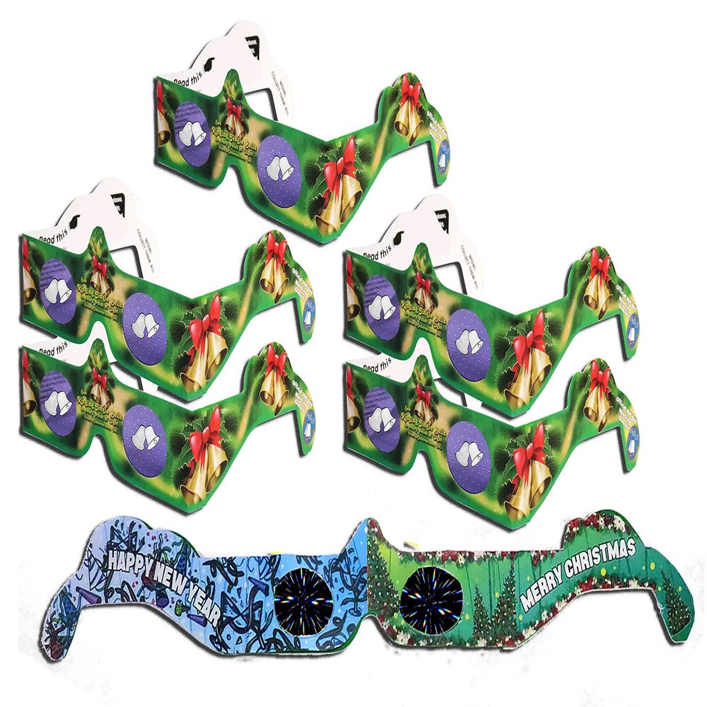 HolidayEyes(R) 6 Pair - 3D Christmas Glasses - JINGLE BELLS Christmas Glasses 6 pair variety pack - 5 Jingle Bells Glasses and 1 Christmas/New Years Fireworks Glasses - ready to wear
