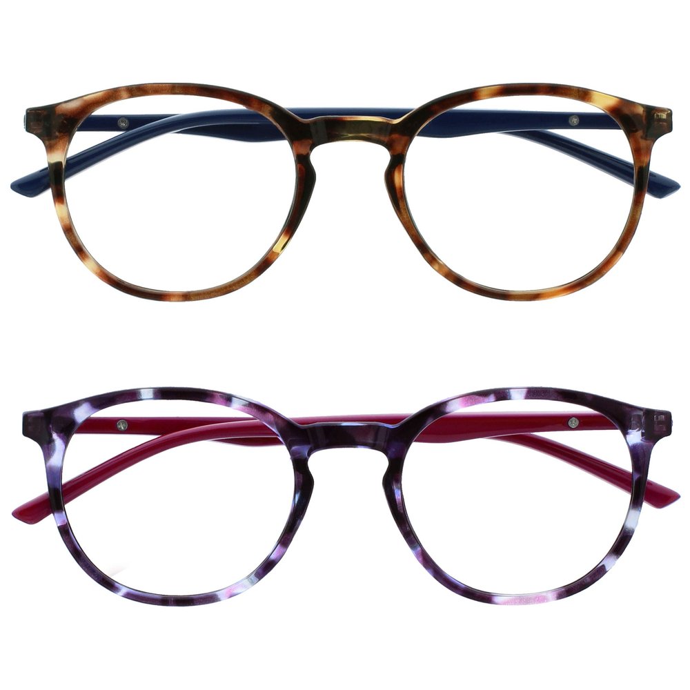 OPULIZE MET Blue Light Blocking Reading Glasses for Women Men, Slim Round Frame with Scratch Resistant and Spring Hinges, Computer Glasses with Anti-Reflective, Brown,Purple +1 (Pack of 2)