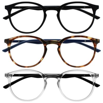 OPULIZE MET Blue Light Blocking Reading Glasses for Women Men, Slim Round Frame with Scratch Resistant and Spring Hinges, Computer Glasses with Anti-Reflective, Black,Brown,Clear +2 (Pack of 3)