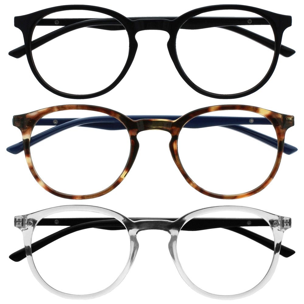 OPULIZE MET Blue Light Blocking Reading Glasses for Women Men, Slim Round Frame with Scratch Resistant and Spring Hinges, Computer Glasses with Anti-Reflective, Black,Brown,Clear +2 (Pack of 3)