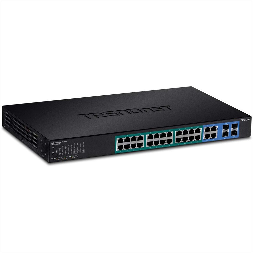 TRENDnet 28-Port Web Smart PoE+ Switch, 24 x Gigabit PoE+ Ports, 4 x Shared Gigabit Ports (RJ-45 or SFP), VLAN, QoS, LACP, IPv6 Support, 370W PoE Power Budget, TPE-5028WS (Renewed