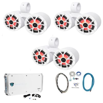 Rockville 3 RKL65MBW Dual 6.5" Marine Wakeboard LED Speakers+Amplifier+Wires