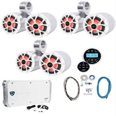 Rockville RKL65MBW Bundle: (3) Pairs 6.5" 700W Peak/170W RMS LED Marine Speakers, (3) DMAC65S Dual Tower Enclosures, RXM-S6 6-Channel Amplifier, RGHR2 Bluetooth Receiver, Amp Wiring Kit, 9-Items